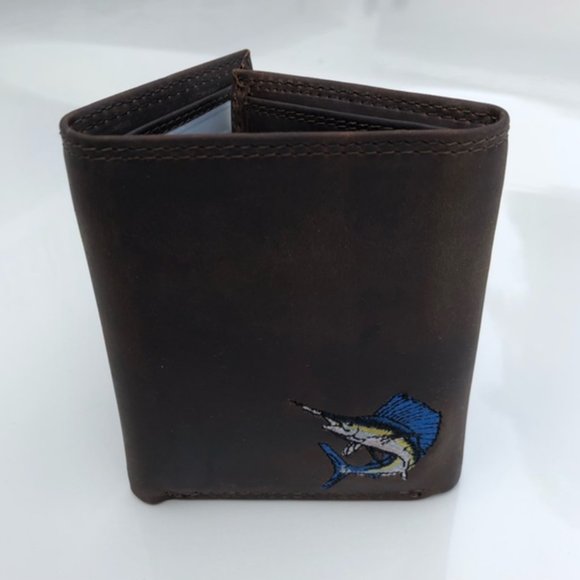 ZEP-PRO Leather Embroidered SAILFISH Wallet Trifold with Gift Box - Picture 1 of 2